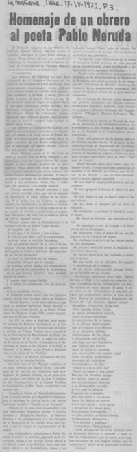 Homenaje de un obrero al poeta Pablo Neruda.