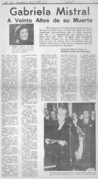 Gabriela Mistral a veinte años de su muerte.