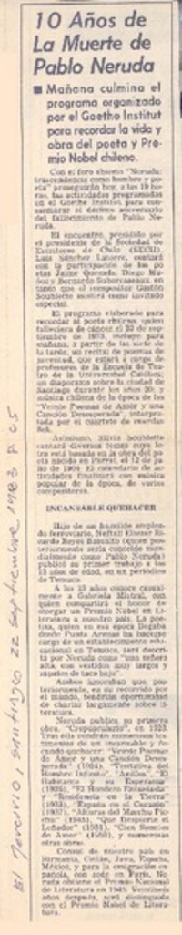 10 años de la muerte de Pablo Neruda.