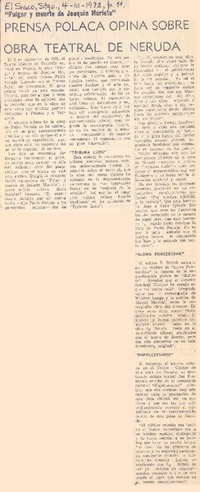 Prensa polaca opina sobre obra teatral de Neruda.