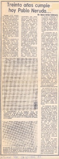 Treinta años cumple hoy Pablo Neruda...