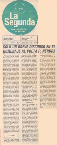 Solo un breve discurso en el homenaje al poeta P. Neruda.