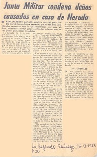 Junta militar condena daños causados en casa de Neruda.