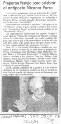 Preparan festejo para celebrar al antipoeta Nicanor Parra.