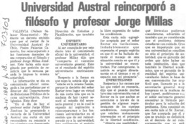 Universidad Austral reincorporó a filósofo y profesor Jorge Millas.