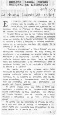 Nicanor Parra, Premio Nacional de Literatura