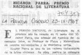 Nicanor Parra, Premio Nacional de Literatura