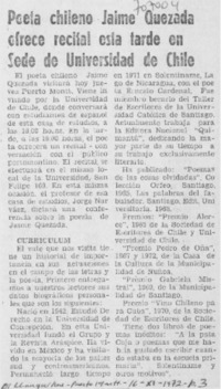 Poeta chileno Jaime Quezada ofrece recital esta tarde en sede de Universidad de Chile.