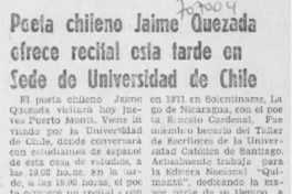 Poeta chileno Jaime Quezada ofrece recital esta tarde en sede de Universidad de Chile.