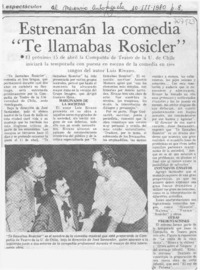 Estrenarán la comedia "te llamabas Rosicler".