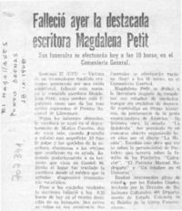 Falleció ayer la destacada escritora Magdalena Petit.
