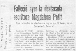 Falleció ayer la destacada escritora Magdalena Petit.
