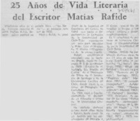 25 años de vida literaria del escritor Matías Rafide.