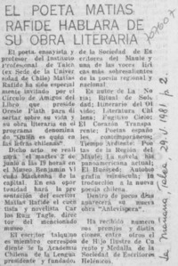 El poeta Matías Rafide hablará de su obra literaria.