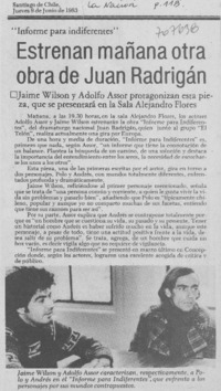 Estrenan mañana otra obra de Juan Radrigán.