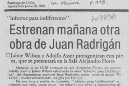 Estrenan mañana otra obra de Juan Radrigán.