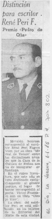 Distinción para escritor René Peri F.