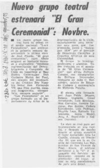 Nuevo grupo teatral estrenará "El gran ceremonial": Novbre.