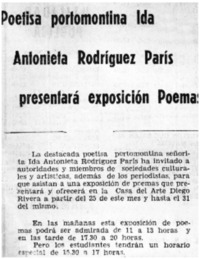 Poetisa portomontina Ida Antonieta París presentará exposición poemas.