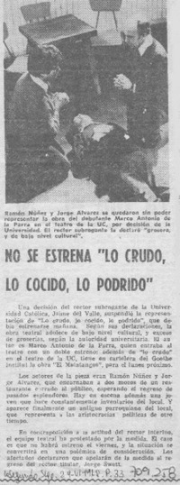 No se estrena "Lo Crudo, lo cocido, lo podrido".