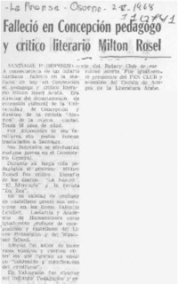 Falleció en Concepción pedagogo y crítico literario Milton Rossel.