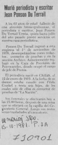 Murió periodista y escritor Jean Ponson du Terrail.