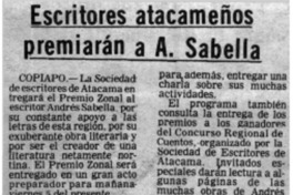 Escritores atacameños premiarán a A. Sabella.