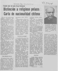 Distinción a religioso polaco, carte de nacionalidad chilena.