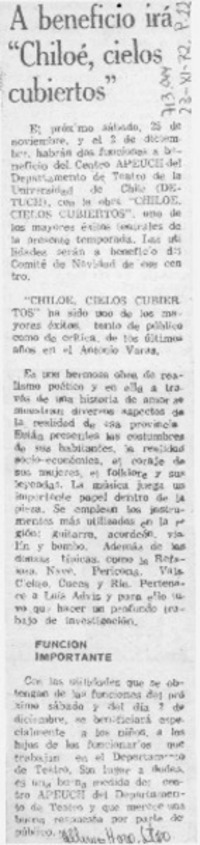 A beneficio irá "Chiloé, cielos cubiertos".