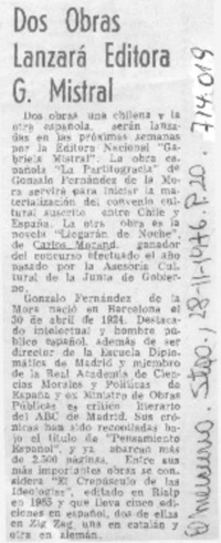 Dos obras lanzará Editora G. Mistral.