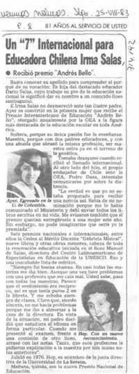 Un "7" internacional para educadora chilena Irma Salas.