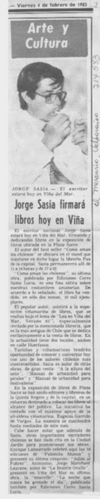 Jorge Sasía firmará libros hoy en Viña.
