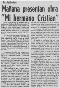 Mañana presentan obra "Mi hermano Cristian".
