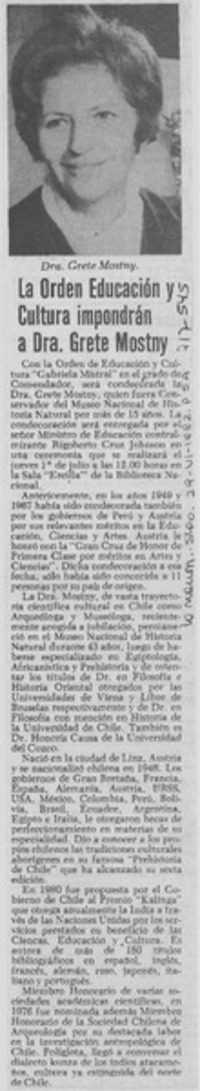 La Orden educación y cultura impondrán a Dra. Grete Mostny.