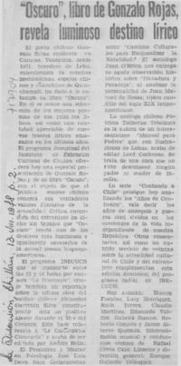 "Oscuro", libro de Gonzalo Rojas, revela luminoso destino lírico.