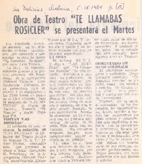 Obra de teatro "Te llamabas Rosicler" se presentará el martes.