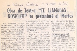 Obra de teatro "Te llamabas Rosicler" se presentará el martes.