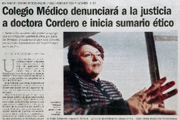 Colegio Médico denunciará a la justicia a doctora Cordero e inicia sumario ético