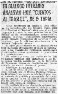 En dialogo literario analizan hoy "Cuentos al trasluz", de G. Tapia.