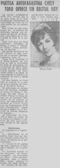 Poetisa antofagastina Chely Toro ofrece un recital hoy.