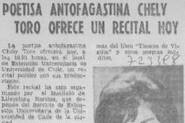 Poetisa antofagastina Chely Toro ofrece un recital hoy.