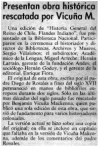 Presentan obra histórica rescatada por Vicuña M.