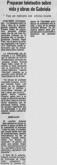 Preparan teleteatro sobre vida y obras de Gabriela.