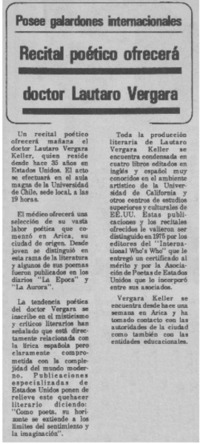 Recital poético ofrecerá doctor Lautaro Vergara.