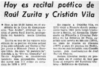 Hoy es recital poético de Raúl Zurita y Cristián Vila.