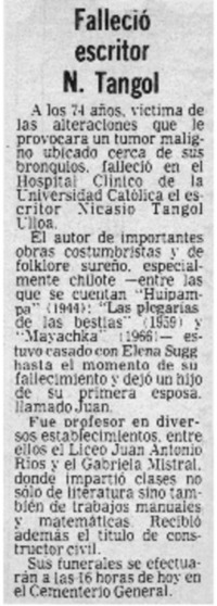 Falleció escritor N. Tangol.