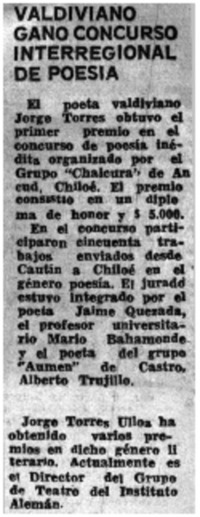 Valdiviano ganó concurso interregional de poesía.
