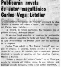 Publicarán novela de autor magallánico Carlos Vega Letelier.