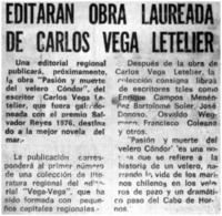 Editarán obra laureada de Carlos Vega Letelier.