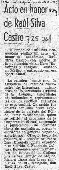 Acto en honor de Raúl Silva Castro.